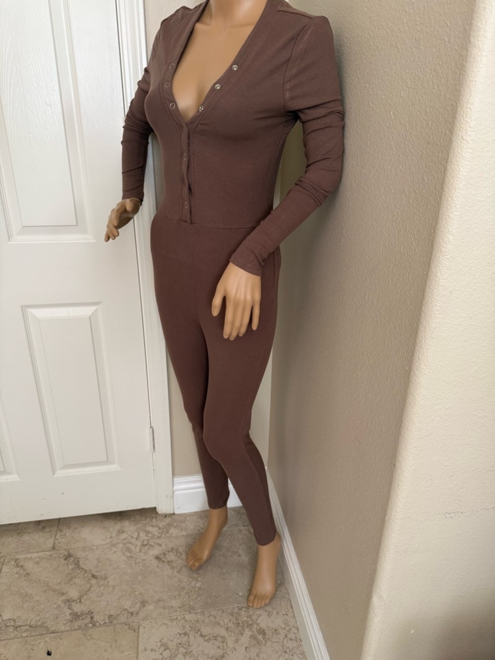 Ribbed Long-Sleeve Jumpsuit in Brown fashion nova